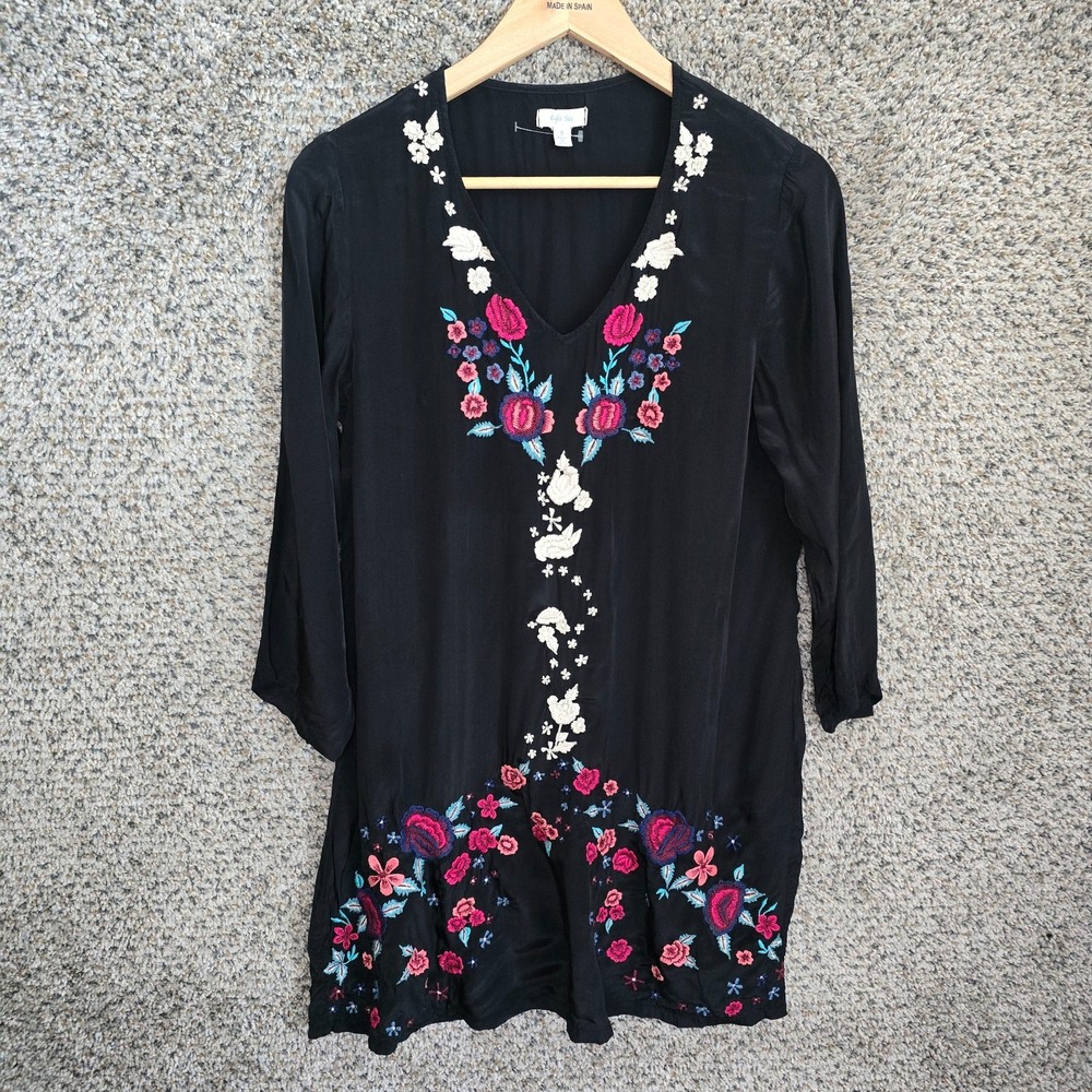 Kyla Seo Caite Top Womens Small Black Embroidered V Neck Tunic Sheer Long Sleeve